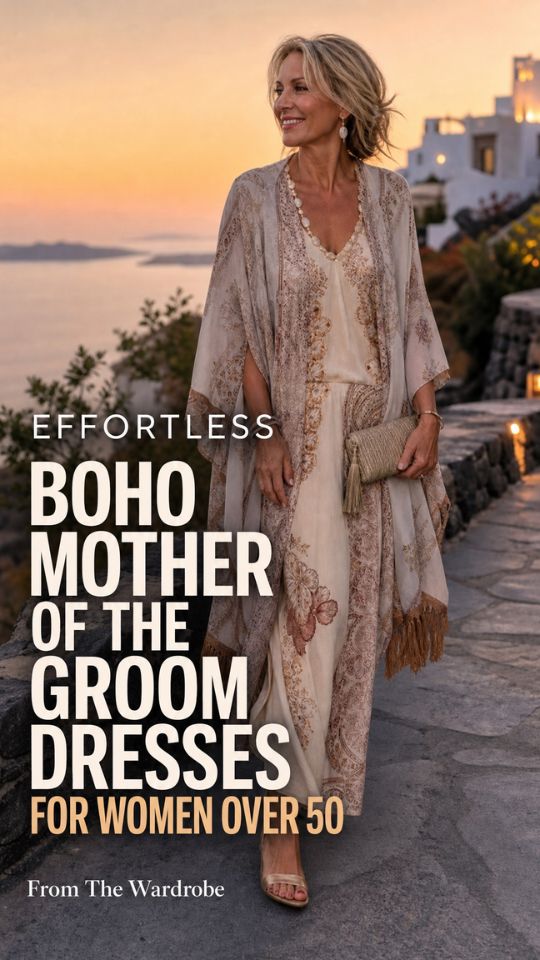 a woman over 50 wears a boho mother of the groom dress