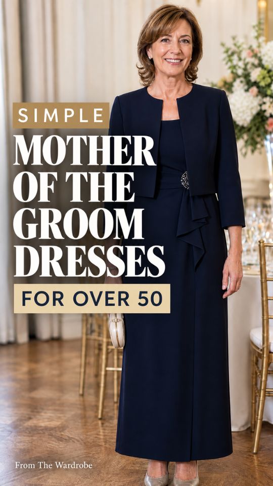 a woman over 50 wears simple mother of the groom dress with a matching cropped jacket, pointed metallic pumps, and a small silver clutch