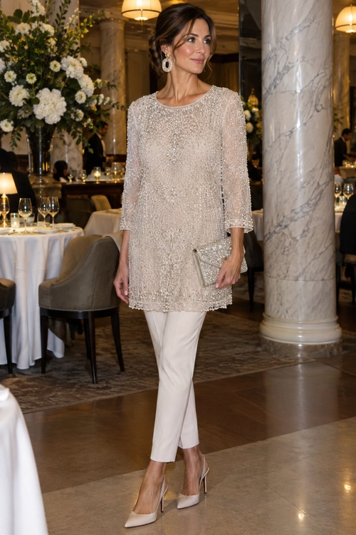 Woman wearing a champagne beaded tunic with white trousers, pointed pumps, drop earrings, and a metallic clutch in an elegant restaurant.