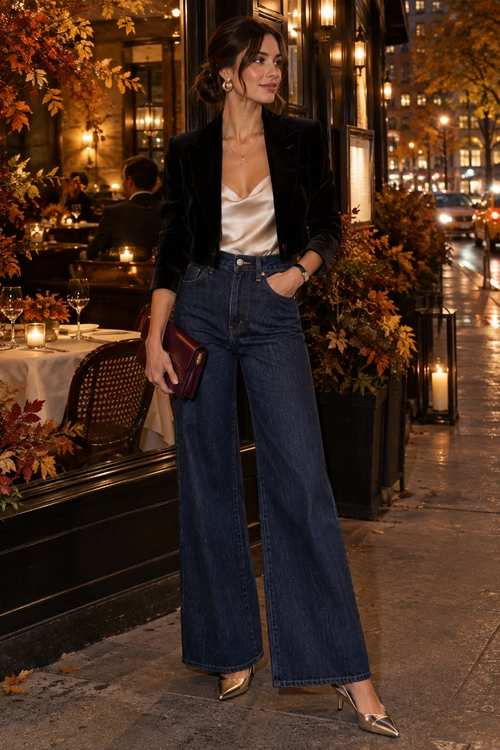 Woman wearing a black blazer over a satin camisole with dark wide-leg jeans and pointed metallic heels.