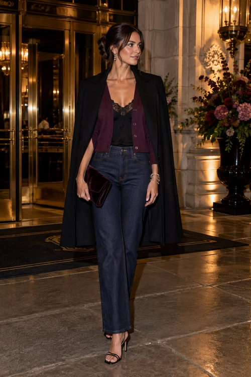 A woman wears a black cape over a burgundy cardigan and black lace camisole with dark jeans and heeled sandals.
