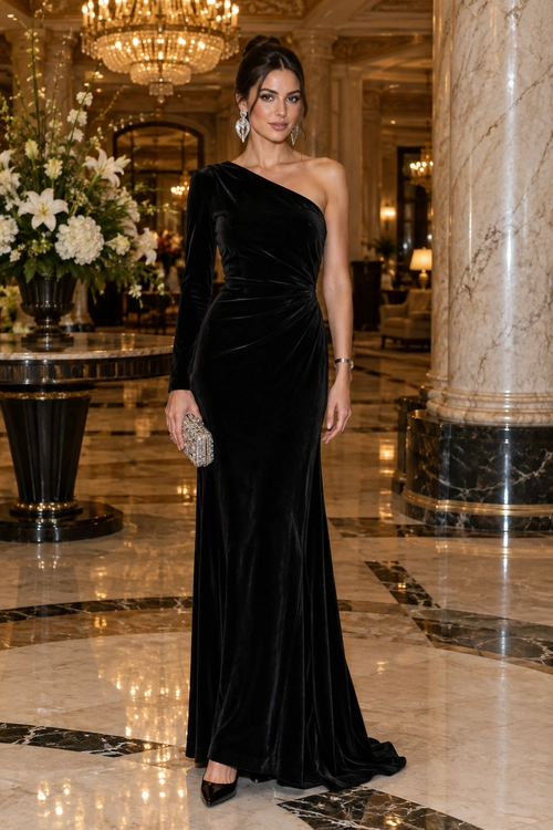 Black Velvet One-Shoulder Gown A woman wears a long black velvet one-shoulder gown with a silver clutch and pointed heels.