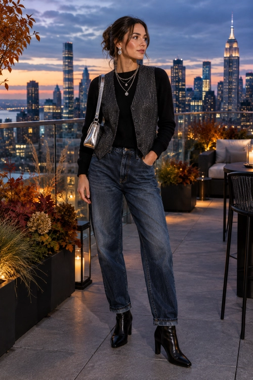 A woman wears a black long-sleeve top, textured charcoal vest, wide-leg cuffed jeans, pointed black ankle boots, layered necklaces, and a silver shoulder bag.