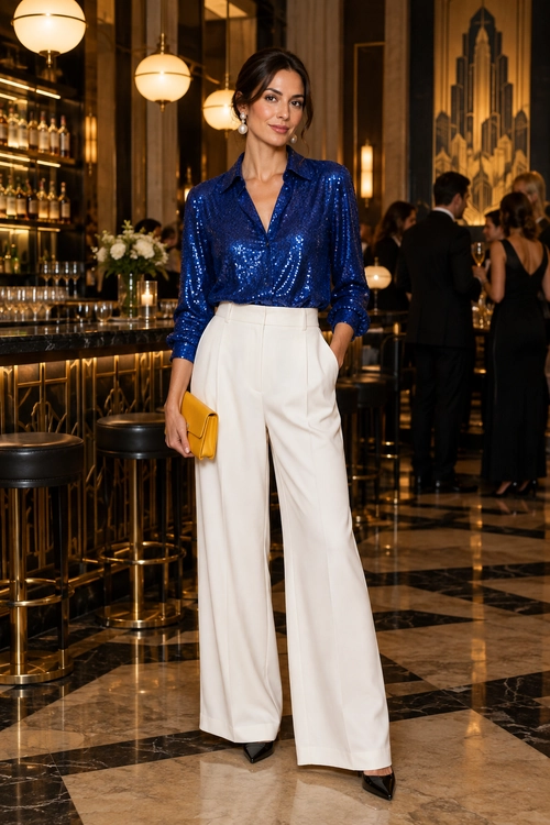 Woman wearing a blue sequin blouse with white high-waisted wide-leg trousers, black pointed shoes, and a yellow clutch.