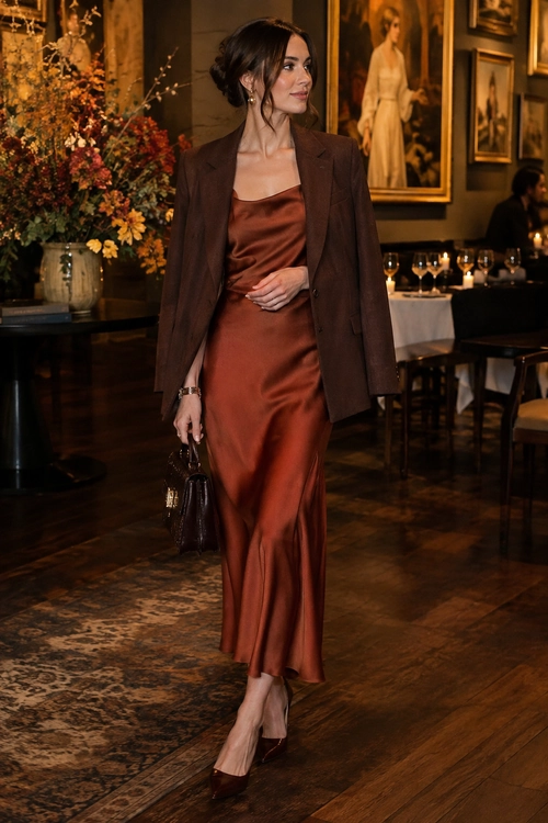 Woman wearing a brown blazer over a rust satin slip dress with pointed heels and a dark handbag in an elegant restaurant.