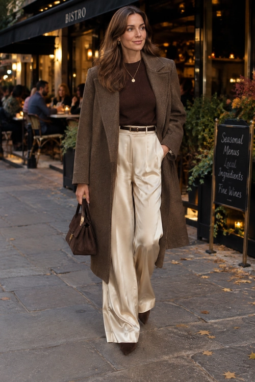Brown Coat and Cream Trousers A woman wears a long brown coat over a dark brown top with cream wide-leg trousers, a belt, brown shoes, and a matching handbag outside a bistro.