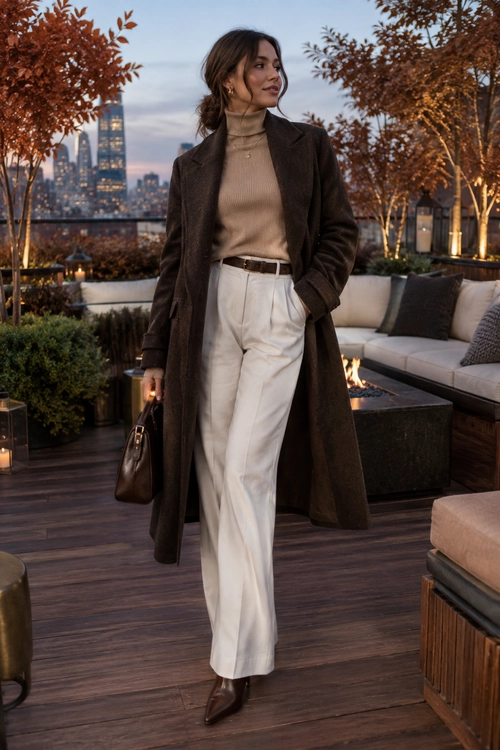 Brown Coat and Ivory Trousers A woman wears a long brown coat over a taupe turtleneck with ivory wide-leg trousers, brown boots, and a matching handbag.