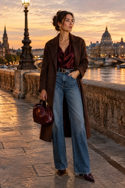 A woman wears a long brown coat over a burgundy draped blouse, wide-leg blue jeans, and pointed burgundy shoes while standing on a riverside bridge.