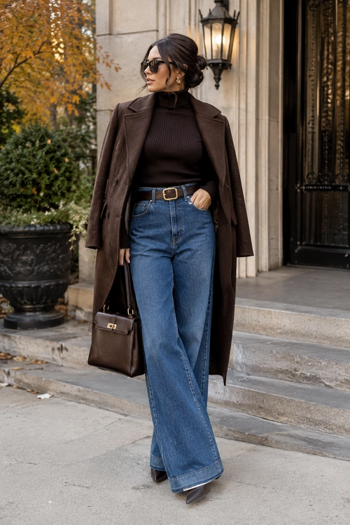 Woman wearing a long brown coat over a dark ribbed turtleneck with wide-leg blue jeans, pointed boots, sunglasses, and a structured brown handbag.