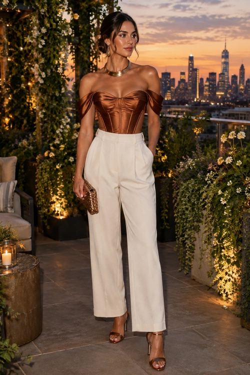 Brown Corset Top and Cream Trousers Elegant outfit featuring a brown off-the-shoulder corset top, cream wide-leg trousers, strappy heels, hoop earrings, and a woven clutch.