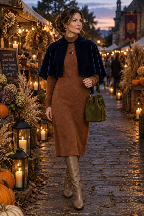 Brown Knit Dress with Navy Cape A woman wears a brown knit midi dress with a navy cape, pendant necklace, olive green handbag, and knee-high boots.