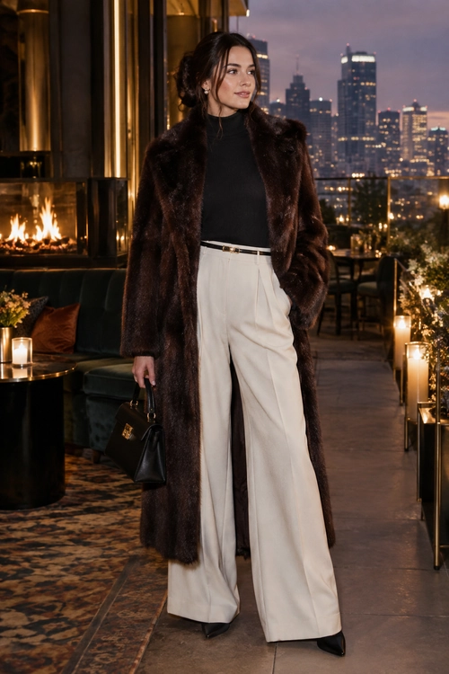 A woman wears a long dark brown fur-textured coat over a black turtleneck with ivory wide-leg trousers, black pointed heels, and a structured handbag.