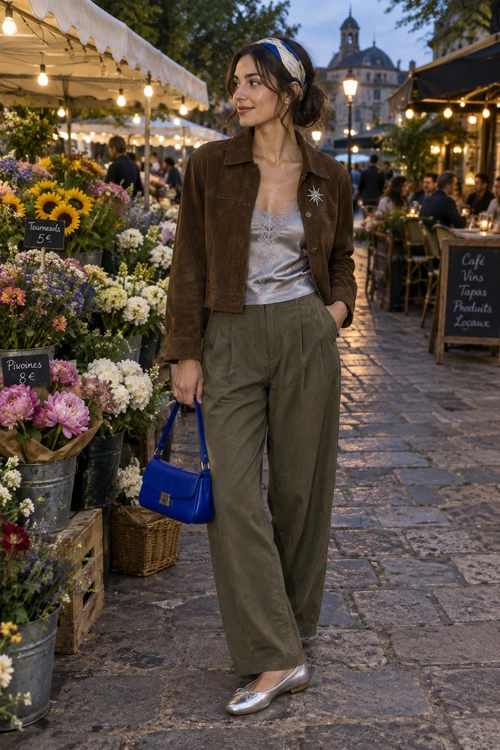 Brown Jacket and Olive Trousers Outfit A woman wears a brown cropped jacket over a silver lace-trim camisole with olive wide-leg trousers, silver ballet flats, a blue handbag, and a blue headband.