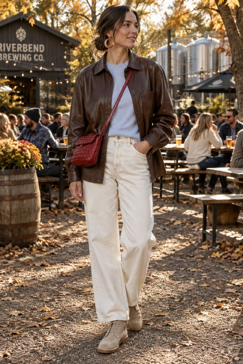 Brown Leather Jacket and Cream Jeans Outfit A woman wears a brown leather jacket over a light gray top with cream jeans, beige ankle boots, and a burgundy crossbody bag.