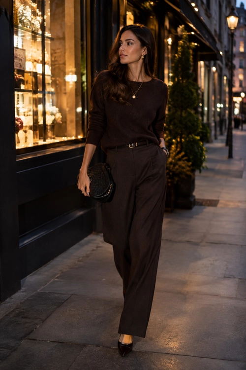 Woman wearing a dark brown long-sleeve top and wide-leg trousers with a belt, pointed heels, and a black clutch on a city sidewalk at night.