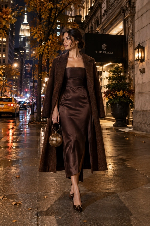 A woman wears a brown satin midi dress with a long dark brown coat, pointed heels, and a rounded metallic handbag on a city sidewalk.