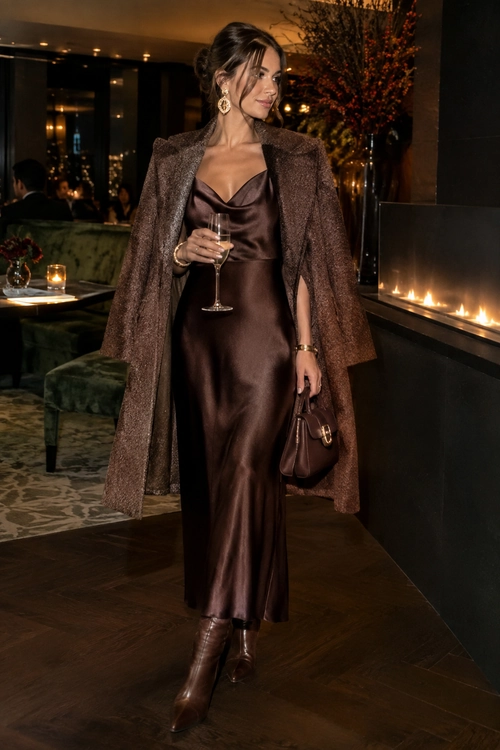 Brown Satin Dress with Textured Coat A woman wears a brown satin midi dress with a textured long coat, brown boots, and a matching handbag at an elegant evening venue.
