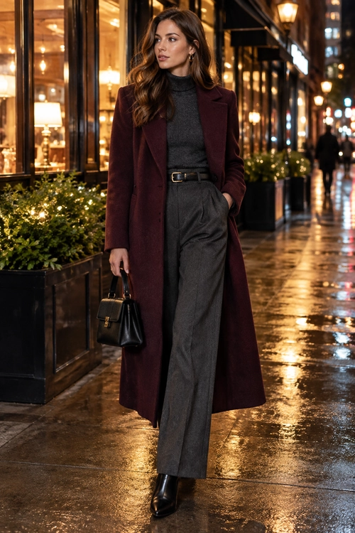 Woman wearing a long burgundy coat over a charcoal gray turtleneck and wide-leg trousers with black ankle boots and a structured handbag.