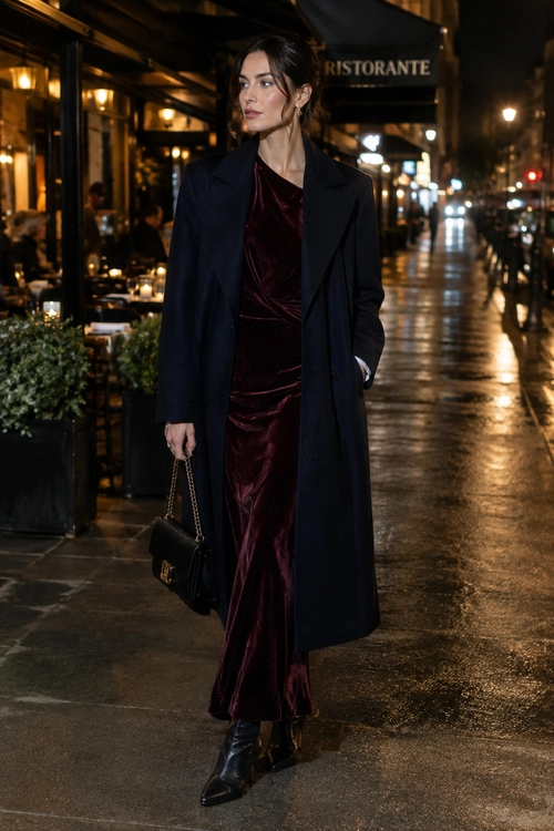 Woman wearing a burgundy dress, long dark coat, black ankle boots, and a black chain-strap handbag on a rainy city street.