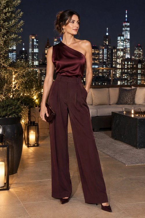 Woman wearing a burgundy satin one-shoulder top with wide-leg trousers and pointed-toe heels on a rooftop terrace at night.