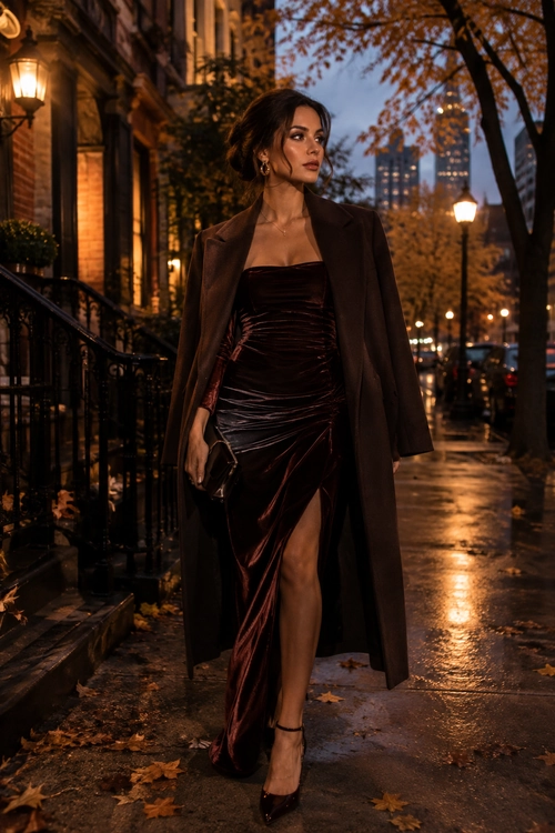 A woman wears a burgundy ruched dress with a thigh-high slit, a long dark brown coat, and heels on an autumn city sidewalk.