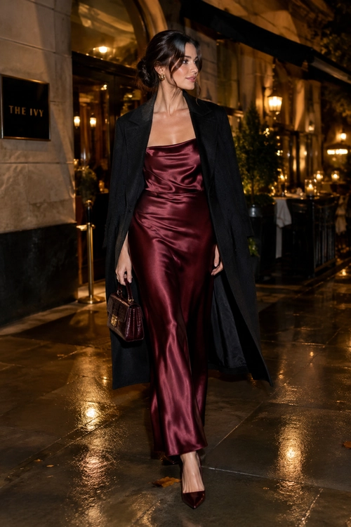 Burgundy Satin Dress with Black Coat A woman wears a burgundy satin dress with a long black coat, matching pointed-toe heels, and a small handbag.