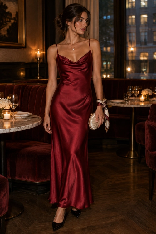 A woman wears a burgundy satin slip maxi dress with black pointed heels and a small cream clutch at an elegant restaurant.