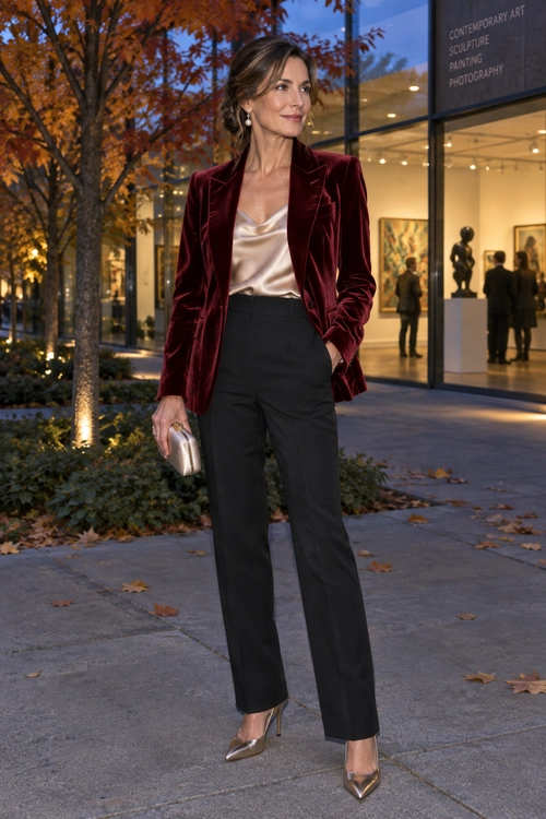 Burgundy Velvet Blazer with Wide-Leg Trousers A woman wears a burgundy velvet blazer over a champagne satin top with black wide-leg trousers, metallic pointed-toe heels, and a small clutch.