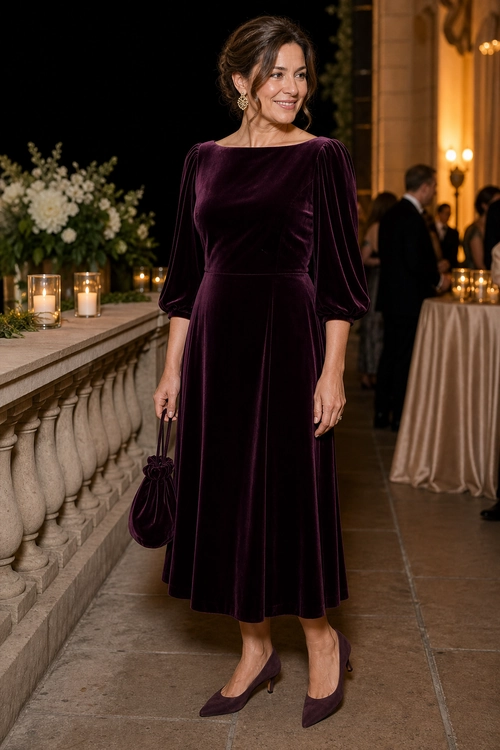 A woman wears a burgundy velvet midi dress with puff sleeves, pointed heels, gold earrings, and a matching ruched handbag at an elegant evening event.