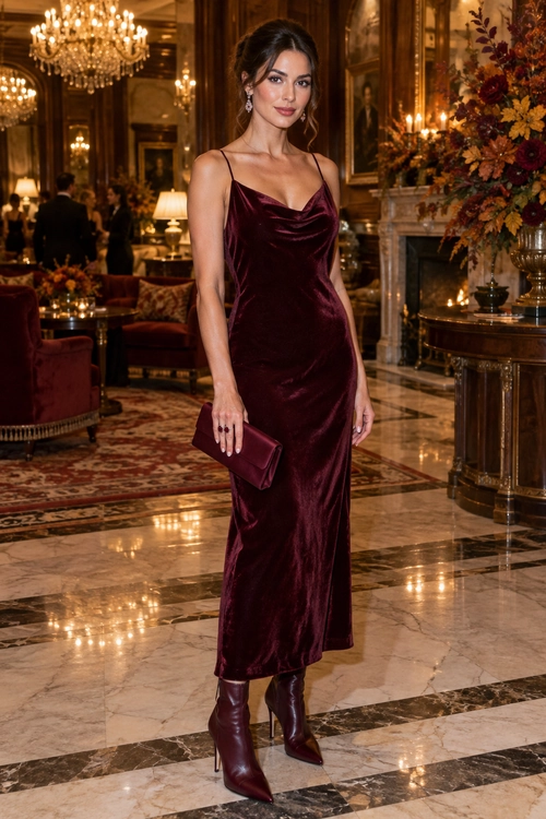 Burgundy Velvet Slip Dress Outfit Woman wearing a burgundy velvet cowl-neck slip dress with matching pointed boots and a clutch.