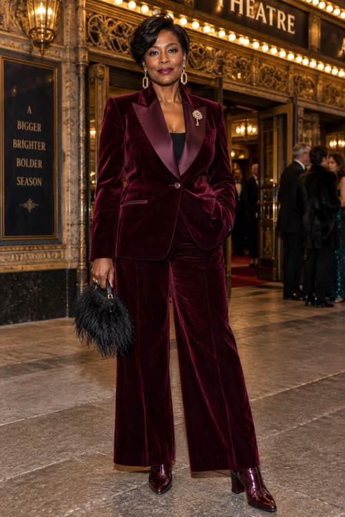 A woman wears a burgundy velvet blazer with matching wide-leg trousers, a black top, pointed boots, drop earrings, and a feathered handbag outside a theater.