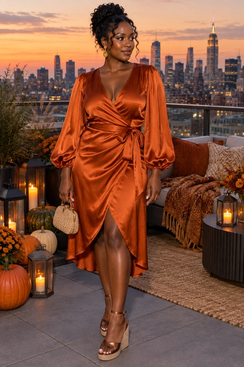 A woman wears a burnt orange satin wrap midi dress with puff sleeves, a woven handbag, and platform sandals.