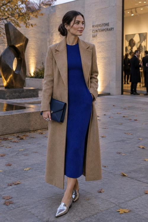 A woman wears a camel long coat over a royal blue ribbed midi dress with silver pointed-toe shoes and a navy clutch.