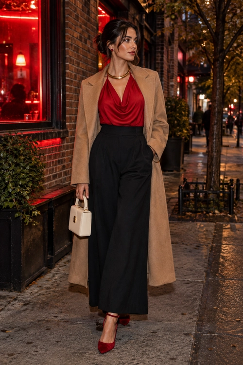 A woman wears a camel long coat over a draped red blouse and black wide-leg trousers with red pointed heels and a cream handbag.