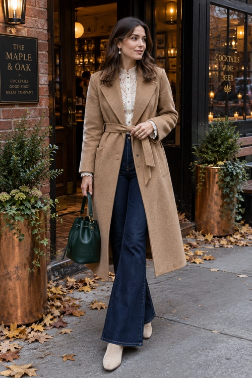 Woman wearing a camel belted coat over a white lace blouse with dark wide-leg jeans, cream ankle boots, and a dark green handbag.