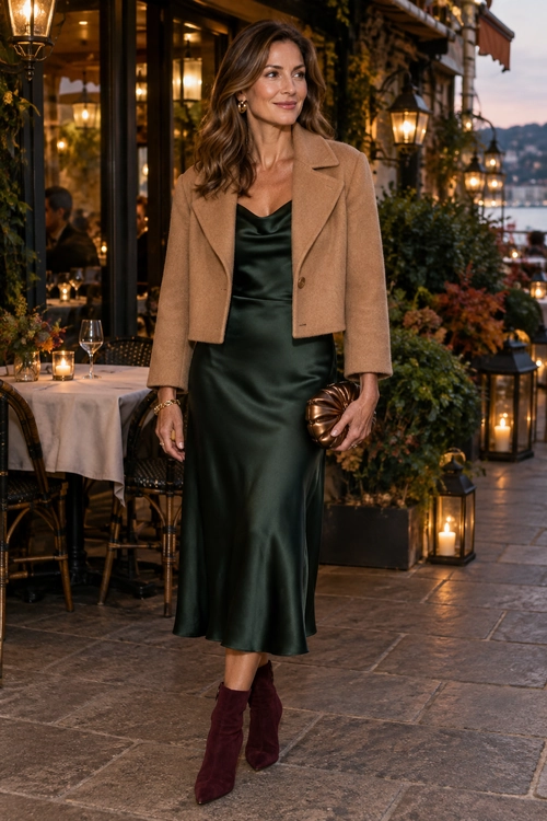 Camel Jacket and Satin Midi Dress A woman wears a camel cropped jacket over a dark green satin midi dress with burgundy ankle boots and a metallic clutch.