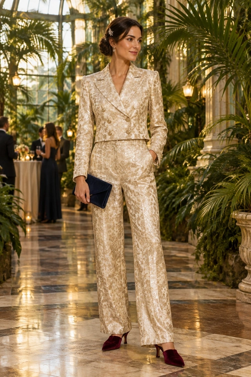 A woman wears a champagne floral jacquard blazer and wide-leg trousers with burgundy heels and a navy clutch.