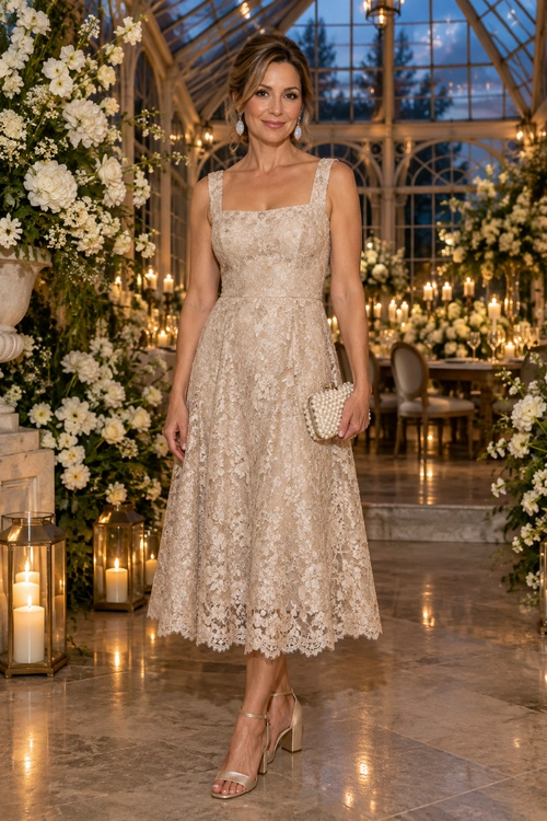 Champagne Lace Midi Dress A woman wears a champagne lace midi dress with a square neckline, strappy block-heel sandals, drop earrings, and a small textured clutch.