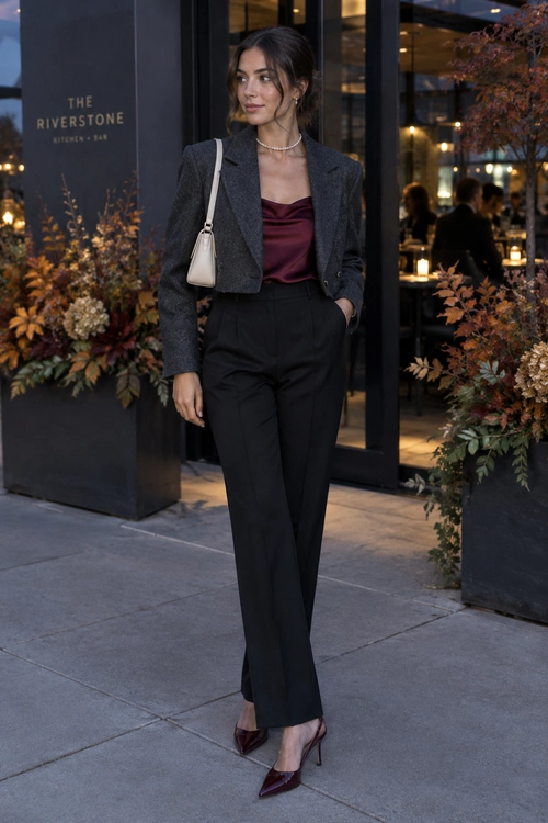 Charcoal Blazer and Burgundy Top Outfit Woman wearing a charcoal cropped blazer over a burgundy top with black wide-leg trousers, burgundy pointed heels, a cream shoulder bag, and a short necklace.