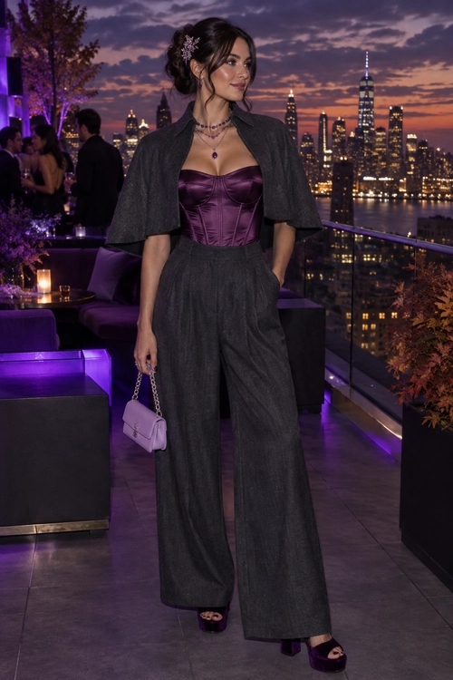 A woman wears a charcoal cropped jacket and wide-leg trousers with a plum corset top, platform sandals, and a lavender chain-handle handbag.