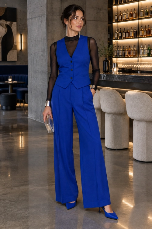 A woman wears a cobalt blue vest and wide-leg trousers over a sheer black long-sleeve top with blue pointed heels.