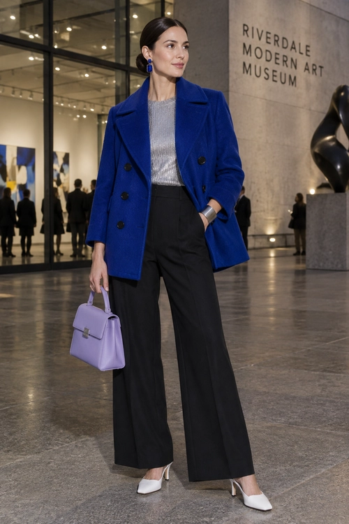 A woman wears a cobalt blue double-breasted coat over a gray knit top with black wide-leg trousers, white heels, and a lavender handbag.