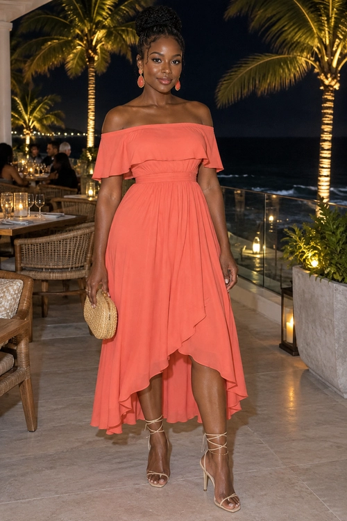 Coral Off-Shoulder Ruffle Dress Woman wearing a coral off-shoulder ruffle dress with a high-low hem, woven clutch, drop earrings, and strappy heeled sandals.
