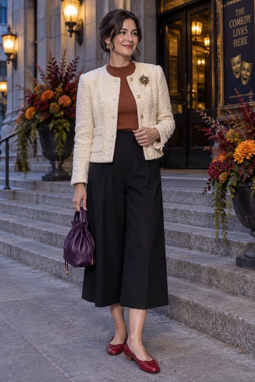 A woman wears a cream textured jacket over a rust knit top with black wide-leg cropped trousers, burgundy flats, and a plum handbag.