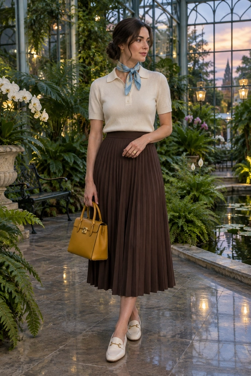 Cream Polo and Brown Pleated Skirt Outfit A woman wears a cream short-sleeve collared polo, blue neck scarf, brown pleated midi skirt, cream loafers, and carries a mustard handbag.