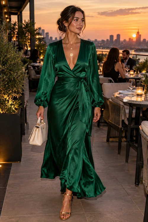 Emerald Green Satin Wrap Dress Woman wearing an emerald green satin wrap-style maxi dress with nude strappy heels and a cream handbag at an outdoor evening restaurant.