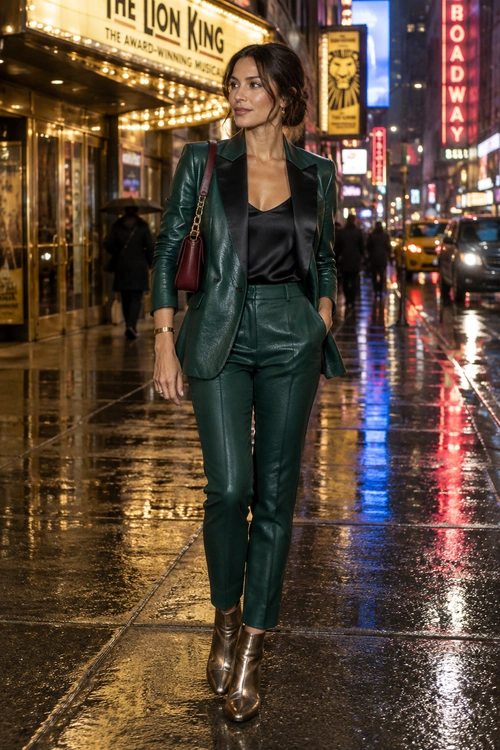 Woman wearing a dark green leather blazer and matching trousers with a black satin top, metallic ankle boots, and a burgundy shoulder bag on a rainy city street.