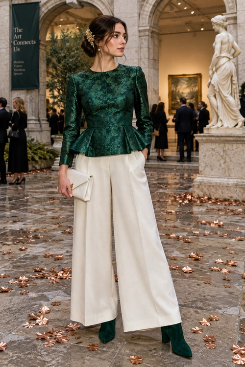 A woman wears an emerald green jacquard peplum top with ivory wide-leg trousers, green boots, and a white clutch.
