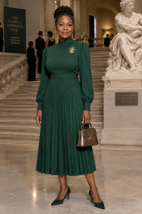 A woman wears a dark green long-sleeve pleated midi dress with a brooch, brown handbag, and matching pointed heels.