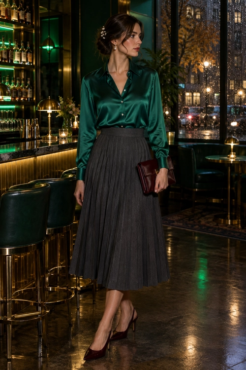 A woman wears an emerald satin blouse with a charcoal pleated midi skirt, burgundy pointed heels, and a matching clutch.